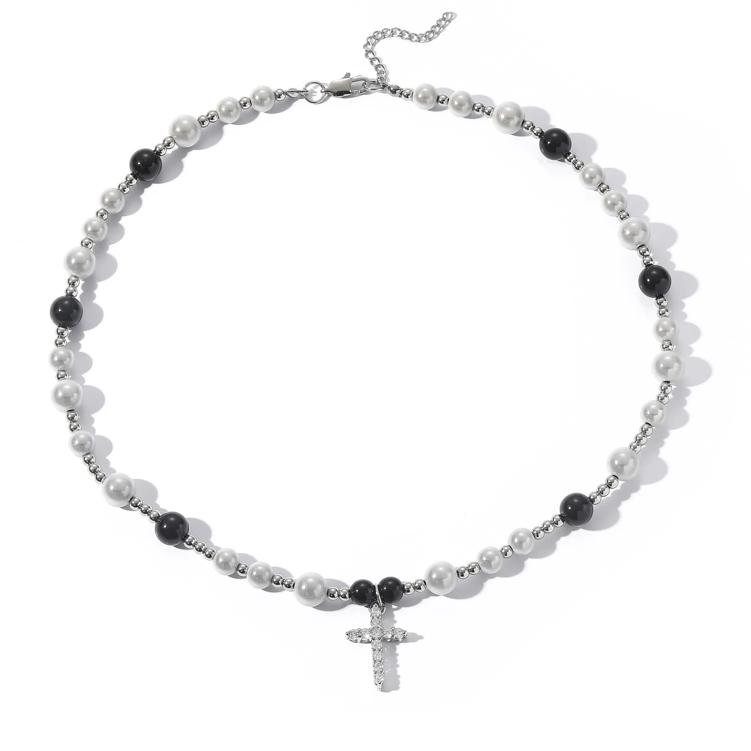 European New Fashion and American Hip Hop Necklace Black and White Reflective Pearl Cross Necklace Stainless Steel Abs Pearl Men's Clavicle Chain