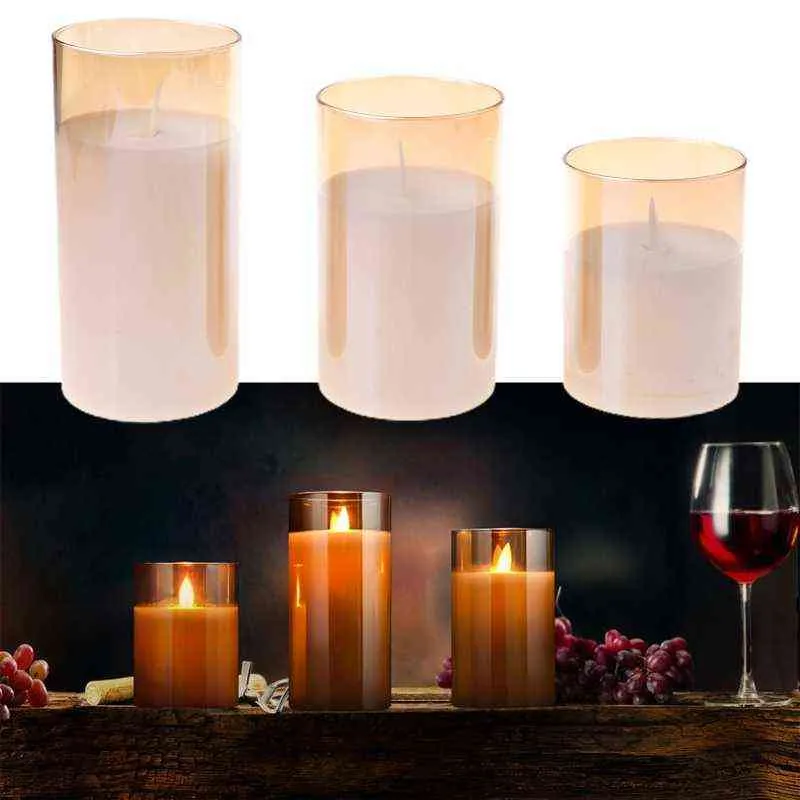 2021 New 3pack Flameless Led Candles Flickering Timer Remote Fake Wick Moving Flame Faux H1222