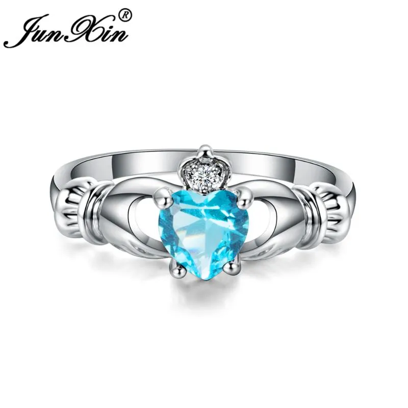 Anéis de casamento Junxin luxo feminino coração anel claddagh branco ouro cheio jóias moda para mulheres nascimento pedra presentes1284f