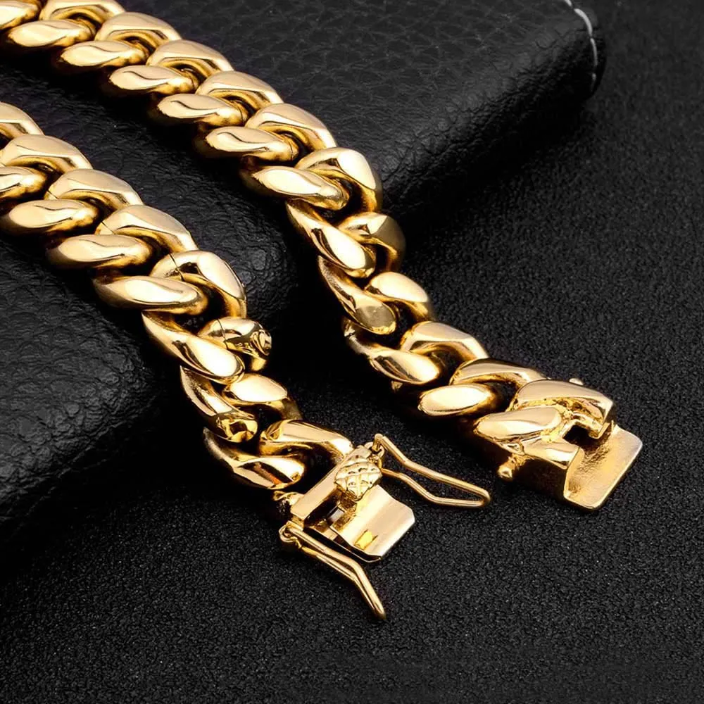 Hommes Femmes Bracelet en acier inoxydable hautement poli Miami Bracelets à chaîne cubaine Double fermoirs de sécurité Acier doré 8 mm 10 mm 12 mm 142139