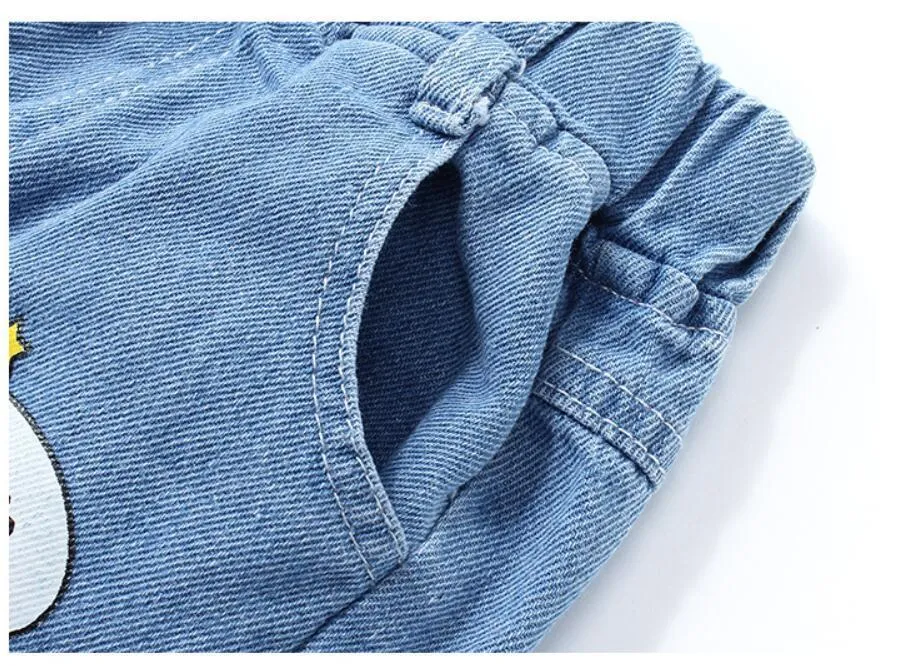 Barnbyxor pojkar tecknad jeans barn hål jeans mode denim byxor baby elastiska jean spädbarn kläder lj201203