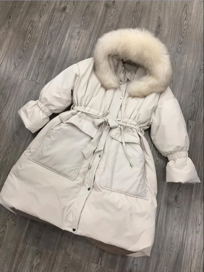 Veste d'hiver femmes rel fourrure de raton laveur col 90% blanc canard vers le bas longue Parka chaude veste femme capuche lche 201127