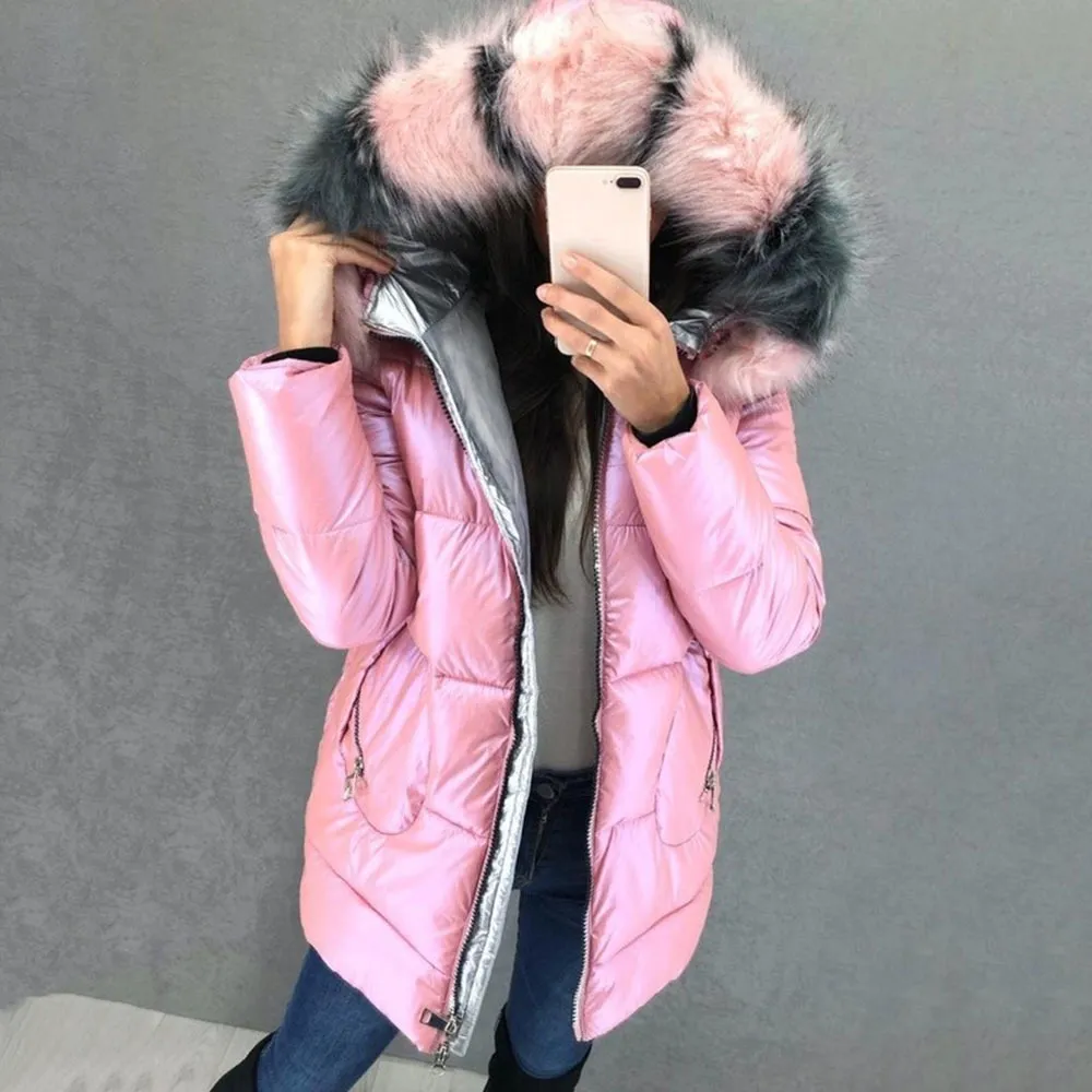 Padded Down Jacket Women Winter Coat Warmness Plus Size Pink Overcoat Cotton Parka Basic Jackets Thick Fleece Fur Hood Outwear 201027