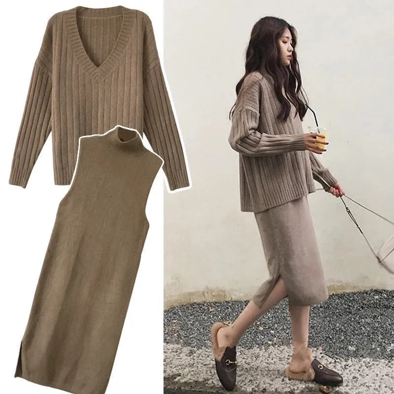 Plus Size 4XL Winter Women Set Long Sleeve V Neck Pullover And Sleeveless Long Split Sweater Dress Solid Warm Knitted Skirt Set 201008