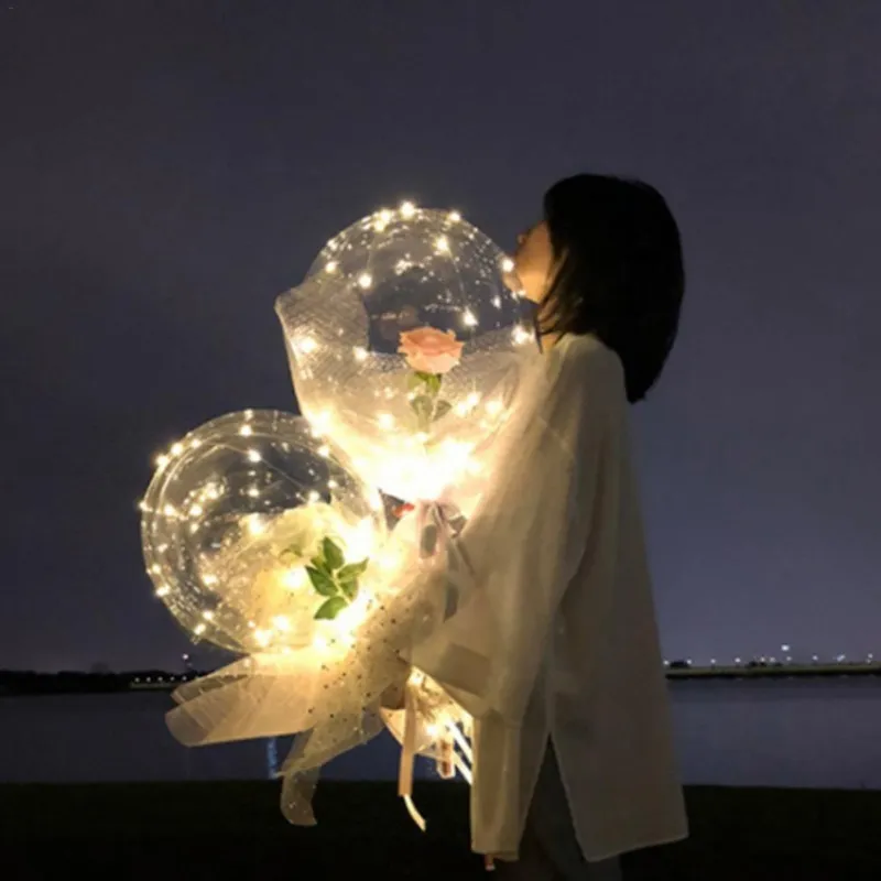 Transparent Bobo Ball LED Luminous Balloon Rose Bouquet Valentines Day Gift For Birthday Party Wedding Decor Y201006216j