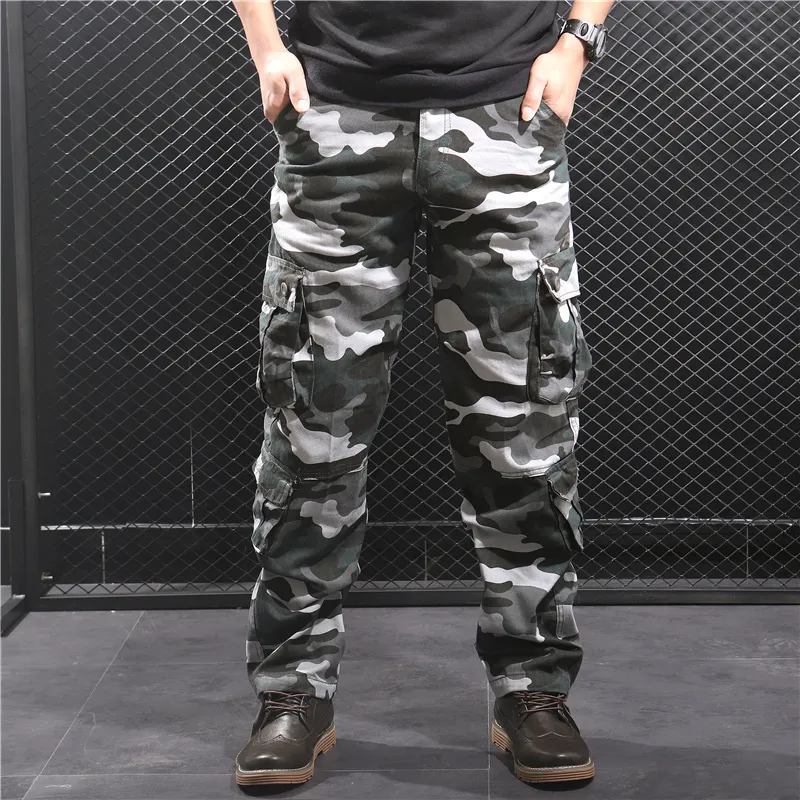 Camouflage cargo byxor män multi pocket bomull militär camo byxor armé spår byxor manliga streetwear overalls pantalon homme 201110