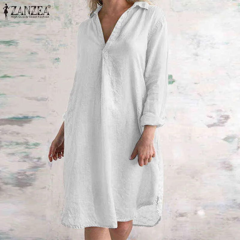 Otoño elegante camisa vestido mujer cuello en V manga larga algodón sólido vestido de verano 2021 ZANZEA elegante damas OL trabajo vestidos robe femme Y220214