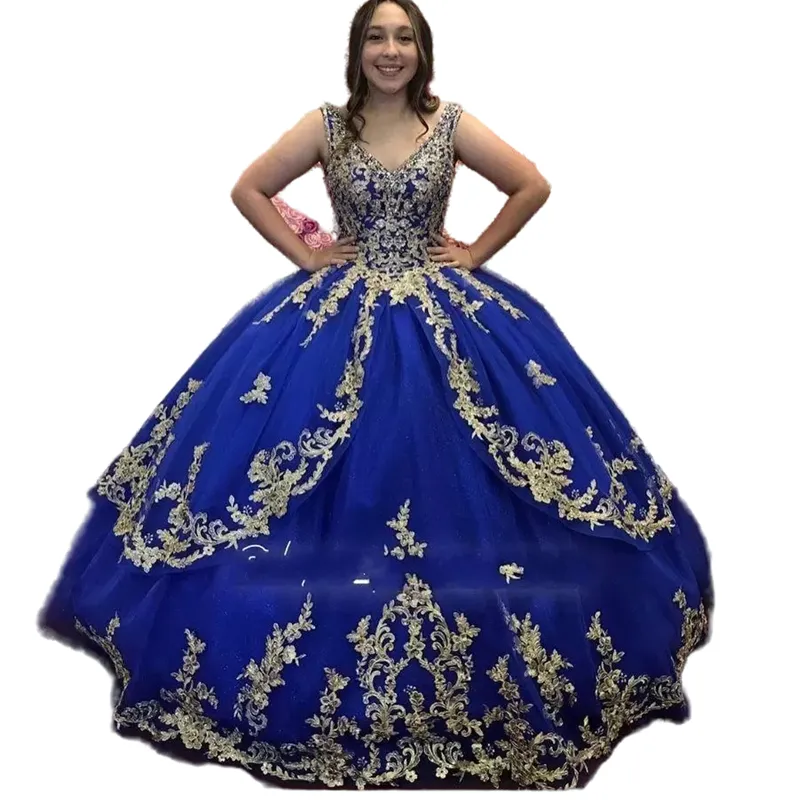 Vintage Royal Blue and Gold Brodery Lace Quinceanera Dresses Prom Pageant Ball Gown V Neck Corset Crystals Pärled Vestido de 162628