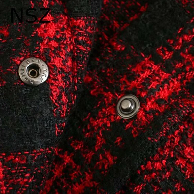 NSZ Damen-Jacke aus übergroßem Tweed mit rotem Hahnentrittmuster, Herbstmode, karierter Mantel aus Wollmischung, mit Gürtel, Quaste, kariert, Oberbekleidung, Chaqueta 201026