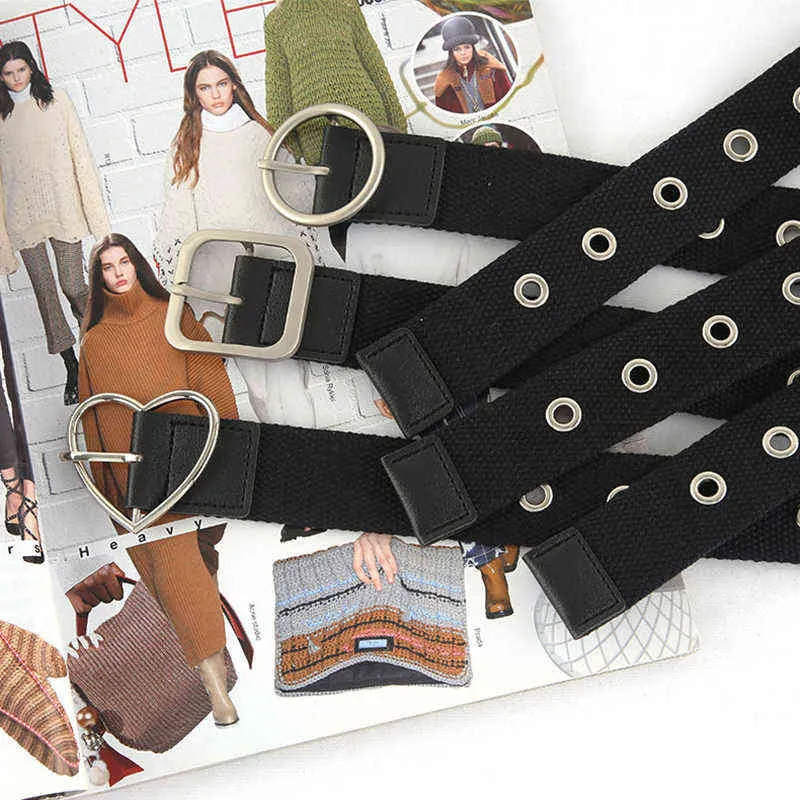 Moda Donna Cintura di tela nera Passacavo Fibbia con foro Cintura Jeans Cintura rotonda Love Heart Piazza Fibbia in lega Cintura G220301