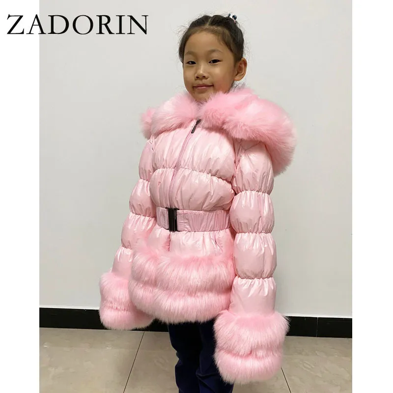 ZADORIN Winter New Girl's White Duck Down Jacket for Kids Furry FAUX fur Collar Thick Warm Child Down Coat Hooded Outerwear 201019