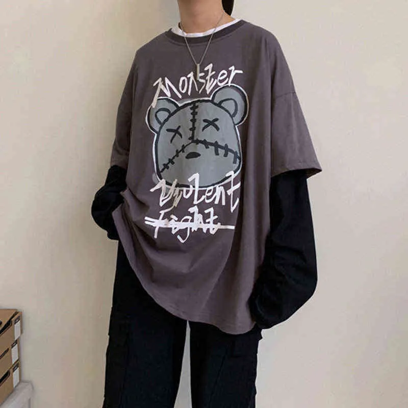 2021 곰 프린트 티셔츠 느슨한 인쇄 바닥 셔츠 청소년 힙합 커플 옷 ins 학생 의류 재미있는 일본 탑스 남성 H1230