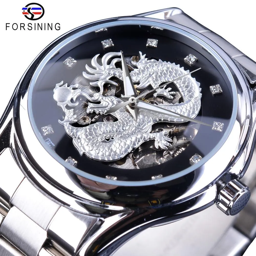 Forsining Diamant Montre Design Argent Inoxydable Automatique Dragon Affichage Hommes Homme Montres De Luxe Poignet Marque Classique Top Acier H231s