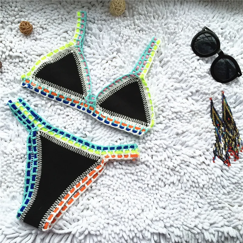 Boho Style Crochet Neoprene Beaded Bikini Sets For Women Knitted