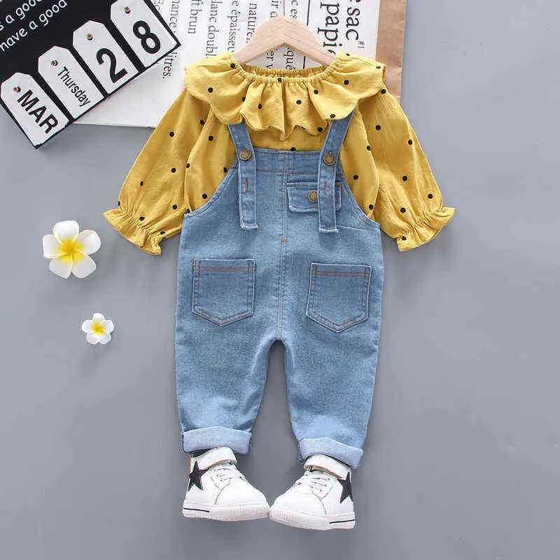 Spring Autumn Children Cotton Clothes Baby Girls Suit fot Hooded denim Bib Pants /sets Out Kid Fashion Clothing sets 211224