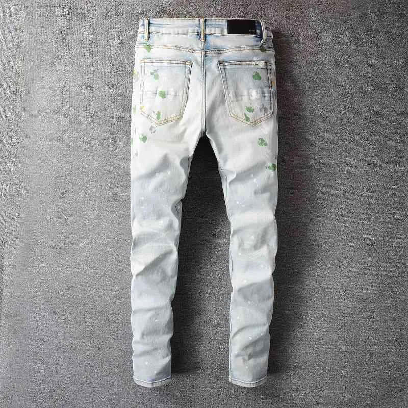 дизайнерские джинсы Amirrss мужские брюки Новые американские повседневные хип-хоп уличные одежды изнашиваются и разрываются, стираются, всплеск чернил, цветная живопись, облегающие джинсы, мужские #685 V27U