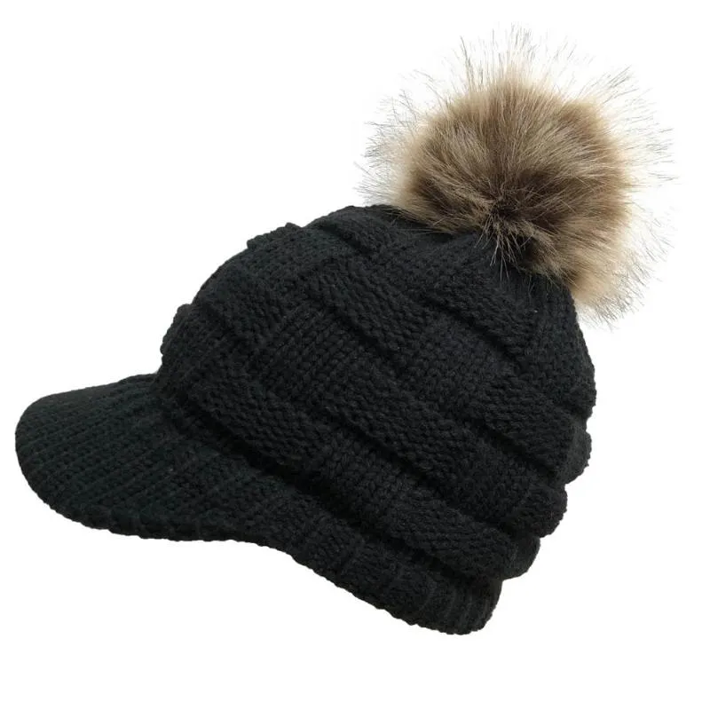 Gehaakte Baseball Cap Skimuts Vrouwen Winter Warm Gebreide Muts Pom Pom Bont Sneeuw Ski Caps Met Vizier Beanie drop279E