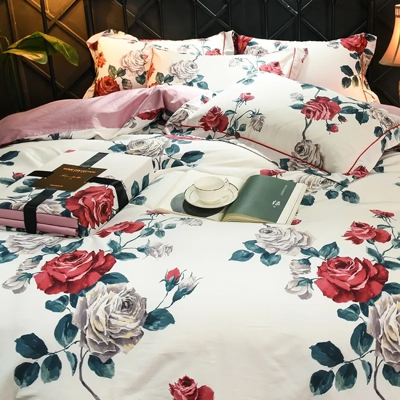 Floral Chinoiserie Blossom Rose Duvet Quilt Cover Twin Queen King size Egyptian Cotton Soft Bedding set Fitted Bed sheet set T200706
