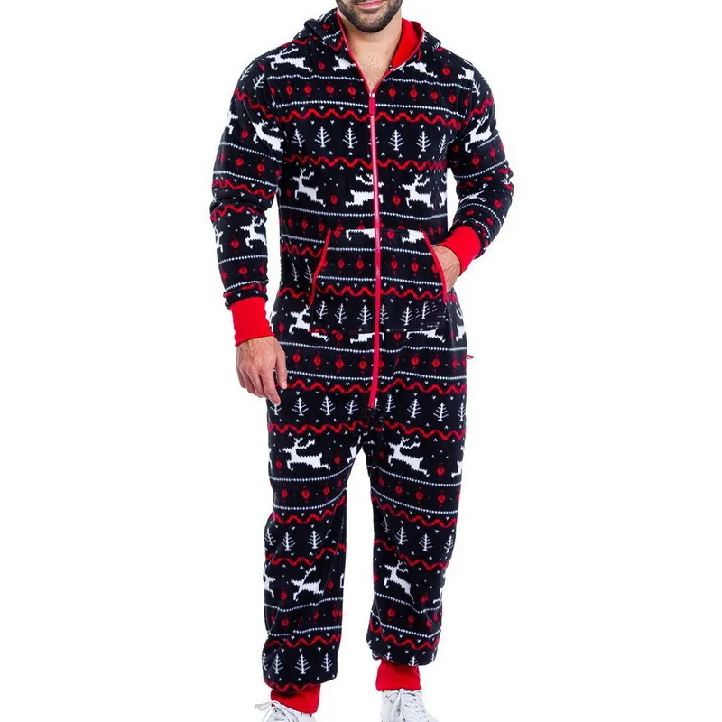 Outono inverno homens quente Natal elk boneco de neve imprimir manga longa pijama jumpsuit lazer algodão sleepwear soft home roupas lj201113