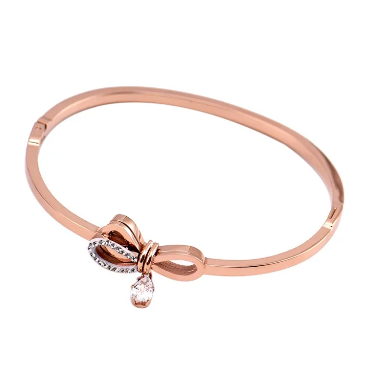 Pulsera de brazalete de acero inoxidable de titanio con nudo de lazo dulce de circonita de diamante de diseño de lujo para mujer y niña oro rosa 297Q