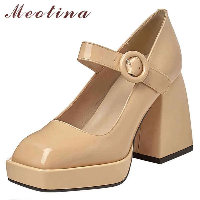 Sukienka Buty Meotina Prawdziwej Skóry Mary Janes Kobiety Plac Palec Pompy Klamra Extreme Hold Heels Platforma Chunky Heel Ladies Footwear 220303