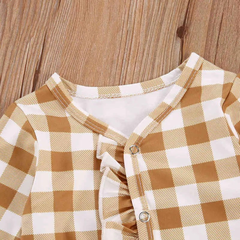 Emmababy nouveau-né bébé fille vêtements Plaid imprimé à volants à manches longues mignon pieds pyjamas barboteuse combinaison tenue vêtements G1221