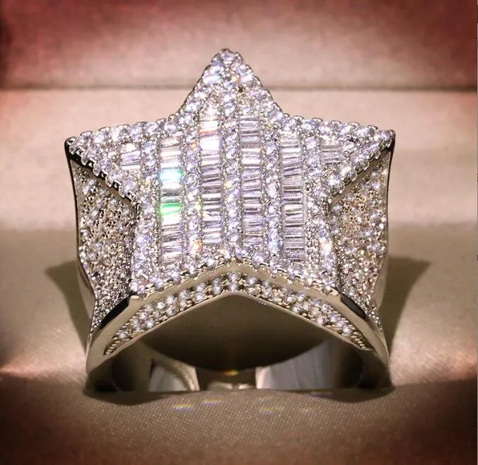 Złoty srebrny pierścionek Kamienie Wysokiej jakości hip hop bling sześcienna cyrkonia pięciopunktowe gwiazdy dla mężczyzn biżuteria 318Y