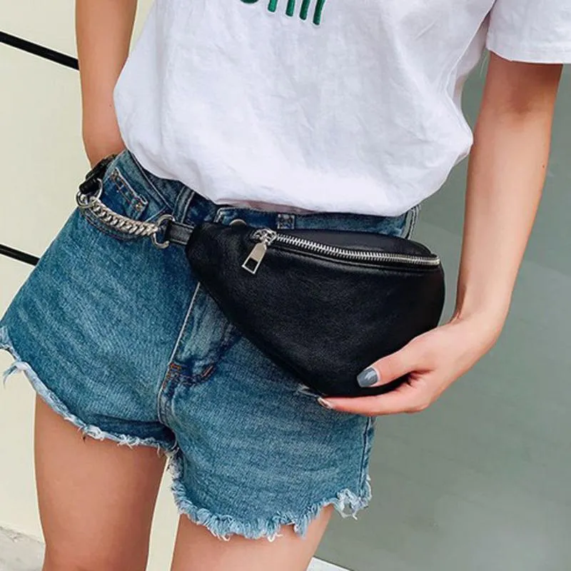 White Black Fashion 2020 Women Waist Bag Chain Belt Style Leather