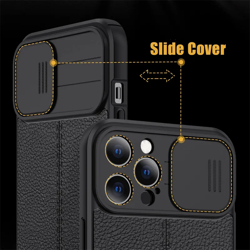 Custodie telefoni cellulari con texture in pelle Litchi di lusso iPhone 13 12 11 Pro Max Mini X XS XR 7 8 Plus SE Slider Coperchio di protezione dell'obiettivo della fotocamera