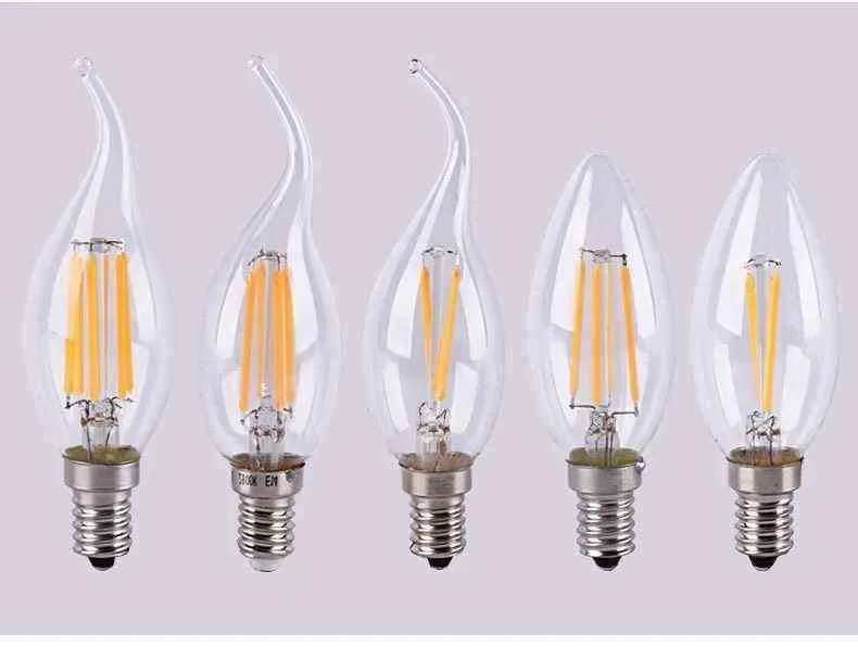 10 SZTUK Żarówka LED C35 E14 E12 E27 220 V 110V Ściemniany 2W 4W 6W Design Energy Saving Candle Ciepłe białe włókno światło 360 stopni Lampa H1222