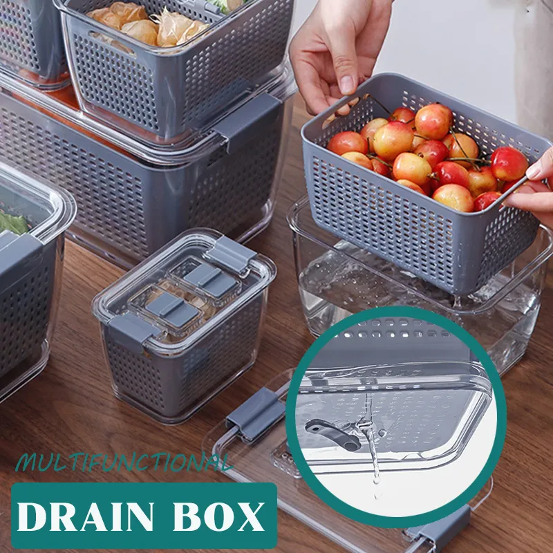 Caixa de armazenamento de plástico de cozinha, escorredor de frutas e vegetais, geladeira multifuncional com tampa, recipientes para manter o frescor 2281z