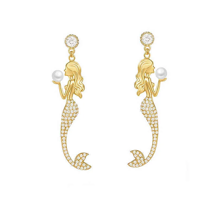 Söt tecknad sjöjungfru Crystal Fishtail Pearl Eardrop örhängen för kvinnors örnstänger med lång hänge 2112313371611