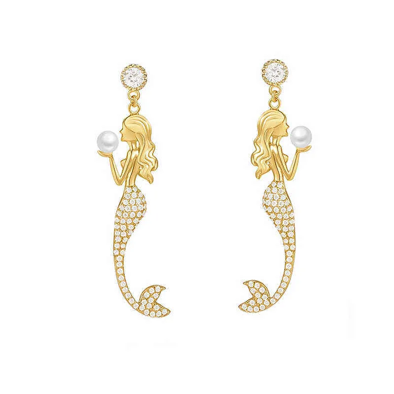 Simpatico cartone animato sirena cristallo coda di pesce perla orecchini eardrop donne orecchini a bottone con pendente lungo 211231259T