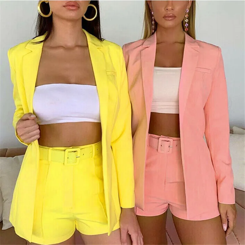 Fashion Womens Candy Color Basic Blazer Coat + Pants Slim Suit Jacket Blazer Set X0923