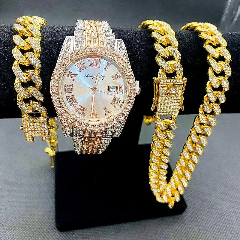 Наручные часы Full Iced Out Часы Мужские кубинские звенья-цепочки Браслет Ожерелье Пара Bling Ювелирные изделия для мужчин Большие золотые цепочки Хип-хоп Wa2741