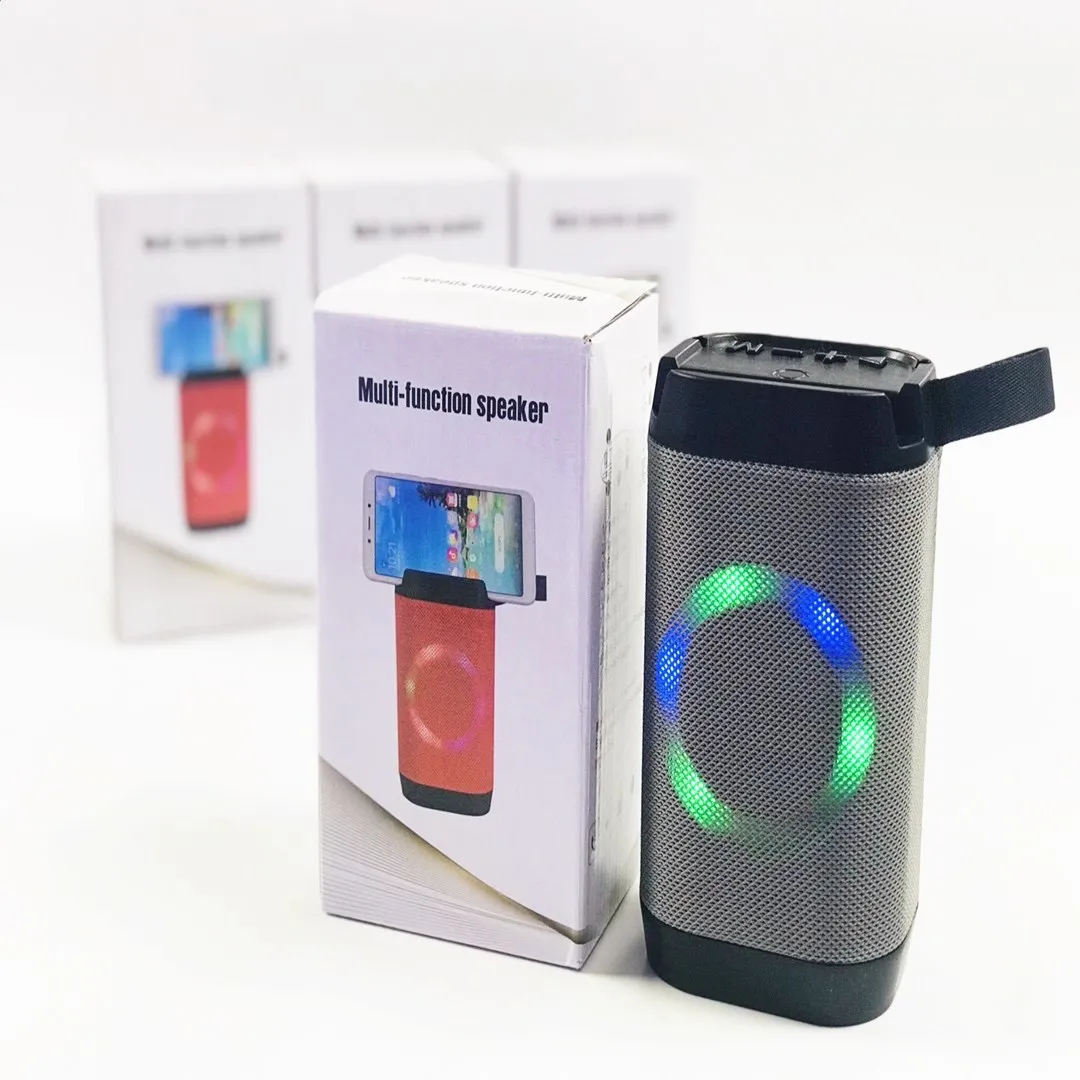 Mini altoparlante Bluetooth con supporto del telefono Maniglia portatile Scatole audio wireless portatile radio FM Radio colorato LED luci stereo altoparlante montaggio