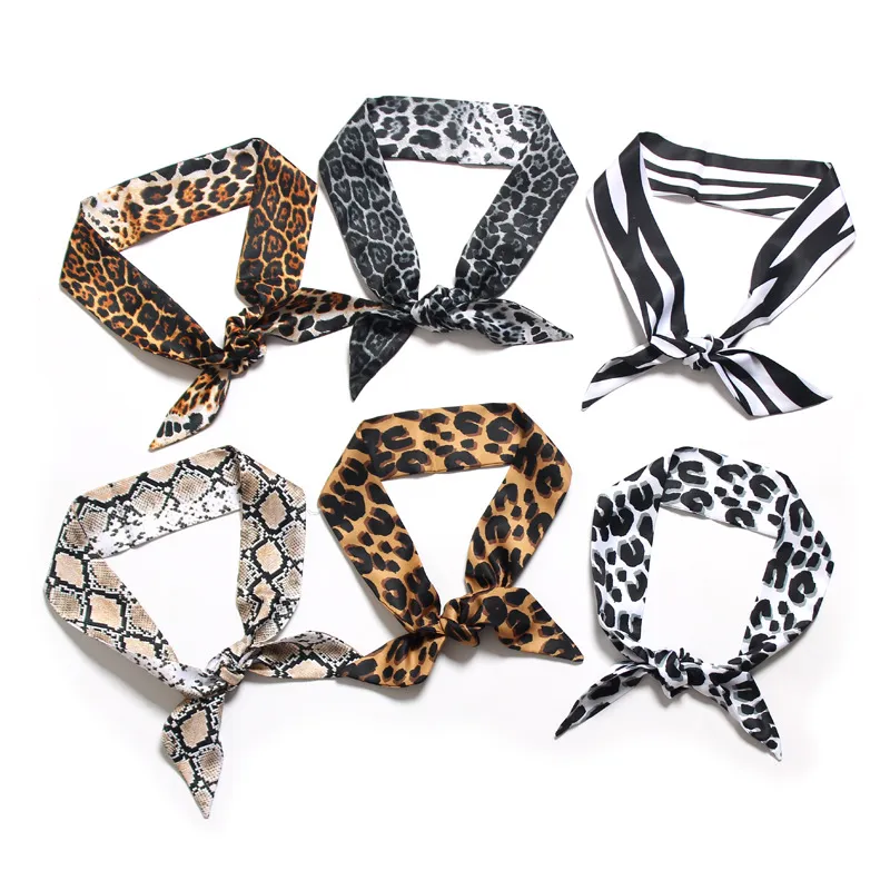 Léopard serpent rayures Double couche imprimé sergé cravate sac poignée foulard en soie mince ruban étroit écharpe femmes mode bandeau
