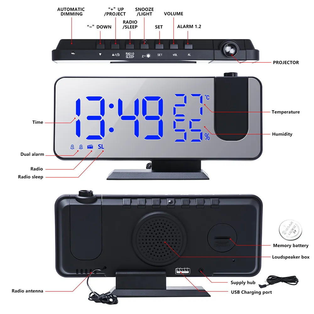 3 Färg LED Digital väckarklocka Radioprojektion med temperatur och fuktighet spegel klocka multifunktionell sängtidsdisplay 201120