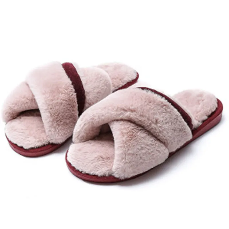 SWQZVT Furry slippers women 2020 new cross faux fur indoor bedroom ladies slippers non-slip plush winter sleepers women shoes (5)