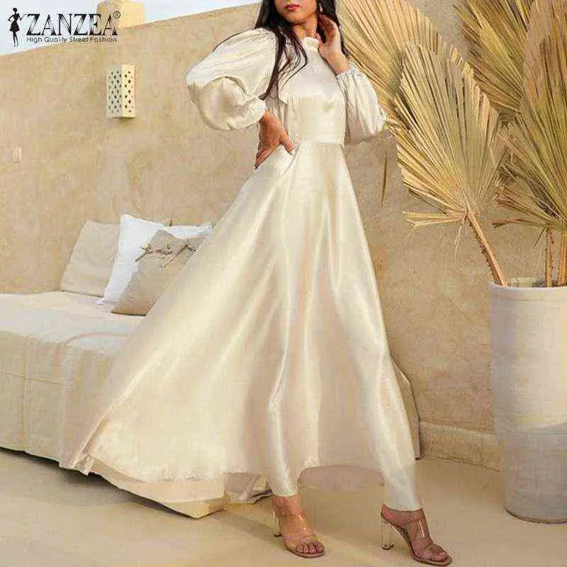 2022 Spring Swing Maxi Robe Zanzea Fransk Elegant Solid Vestido Lady Party Puff Sleeve Klänningar Oversize Kvinnor Satin En Linje Klänning Y220214