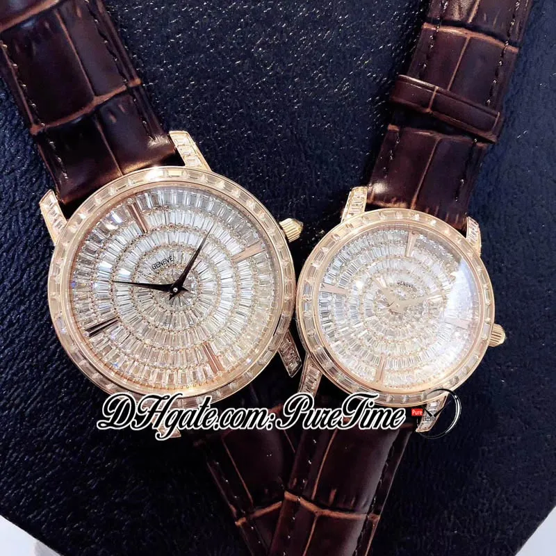 TWF Traditionnelle Reloj de cuarzo suizo para hombre y mujer con diamantes pavimentados completos Dial 82760 000G-9952 Relojes de cuero negro para mujer Puretime P215n