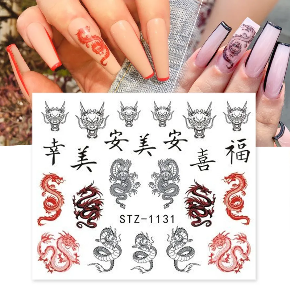 Adesivos de unhas de cobra de dragão, vermelho, preto, design gótico, controle deslizante de água, manicure chinesa, decoração de arte de unhas, chstz111411376258343