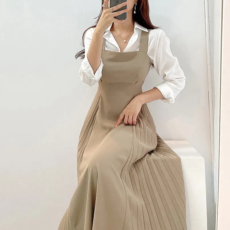 Onalippa vrouwen kleedt herfst Koreaanse temperamentstijl revers met lange mouwen shirt met hoge taille zijde geplooide suspenderjurk 220221