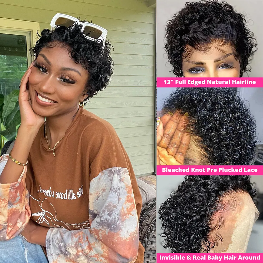 Pixie Cut Wig Short Cheap Curly Human Hair Wig 13x1 Transparent Lace Wigs For Women Human Hair Water Wave Loose Deep Wave Wigfactory direct