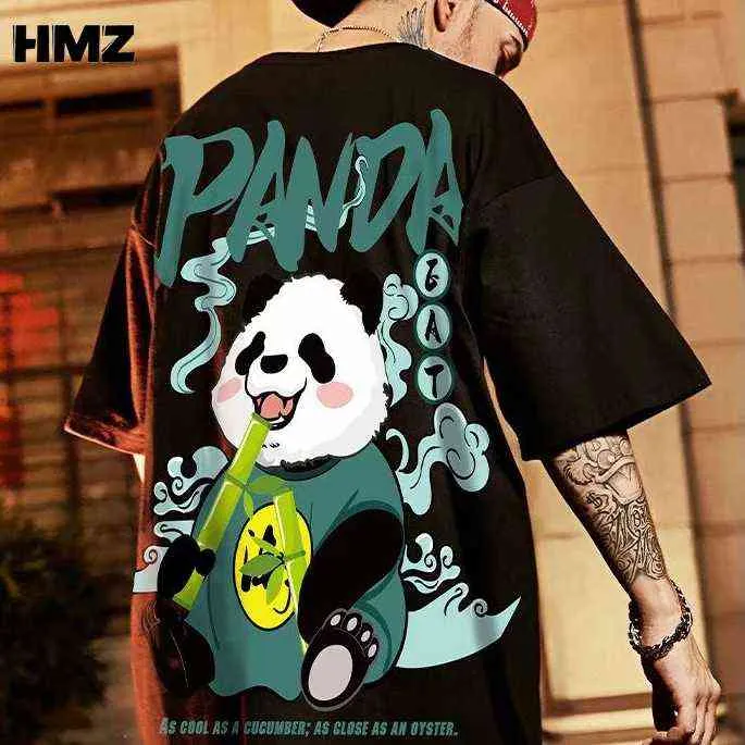 HMZ Tee-shirt surdimensionné Feuille de bambou Panda Imprimer Lâche Manches courtes Été Hip Hop Top T-shirt en pur coton Ins Couple Vêtements G220223