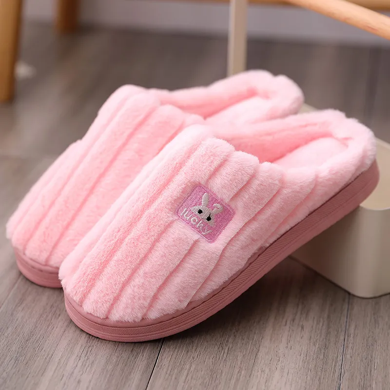 Winter slippers Women Rabbit Fur Plush Slippers For Girls Simple stripes Home shoes soft cozy zapatillas casa mujer lucky X1020