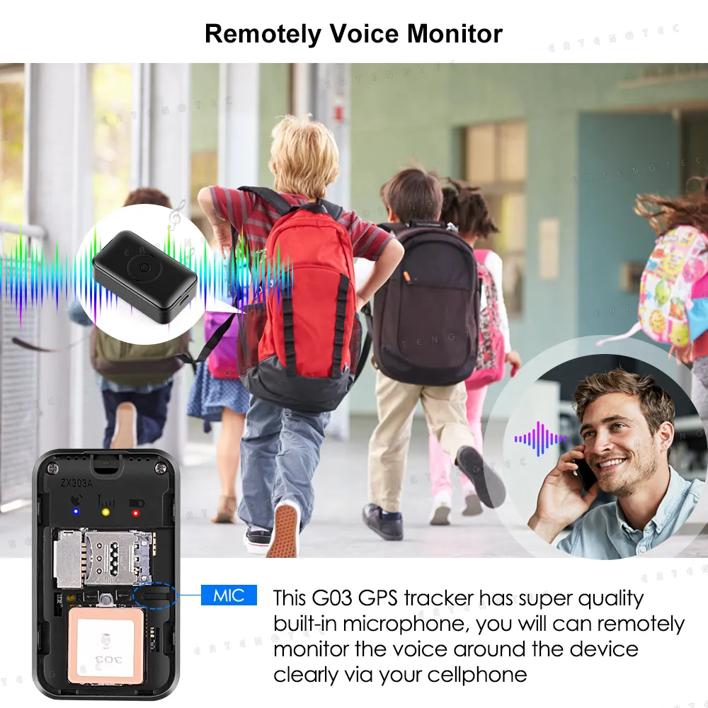 Traqueur gps personnel en temps réel de voiture, super mini traqueur gps g03 avec enregistrement vocal pour les enfants, avec dispositif de suivi