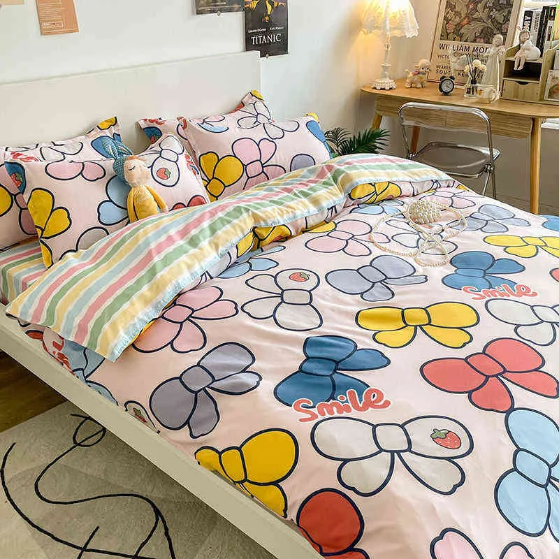 Kids Bedding Set with Quilt Duvet Cover Flat Sheet Pillowcase Cute Rabbit Bear Printed Boys Girls Single Full Queen Bed Linen 220208