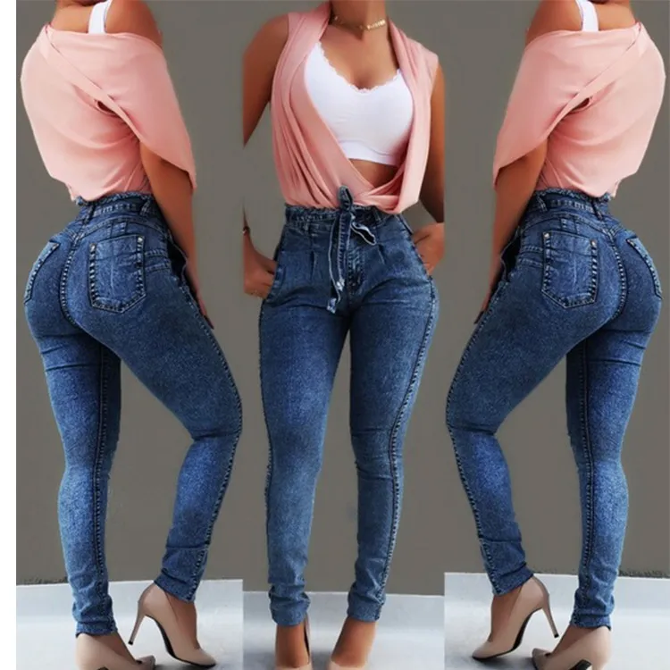 Jeans a vita alta da donna Jeans slim elasticizzati in denim aderente con cintura in nappa fasciatura skinny push up donna 220216