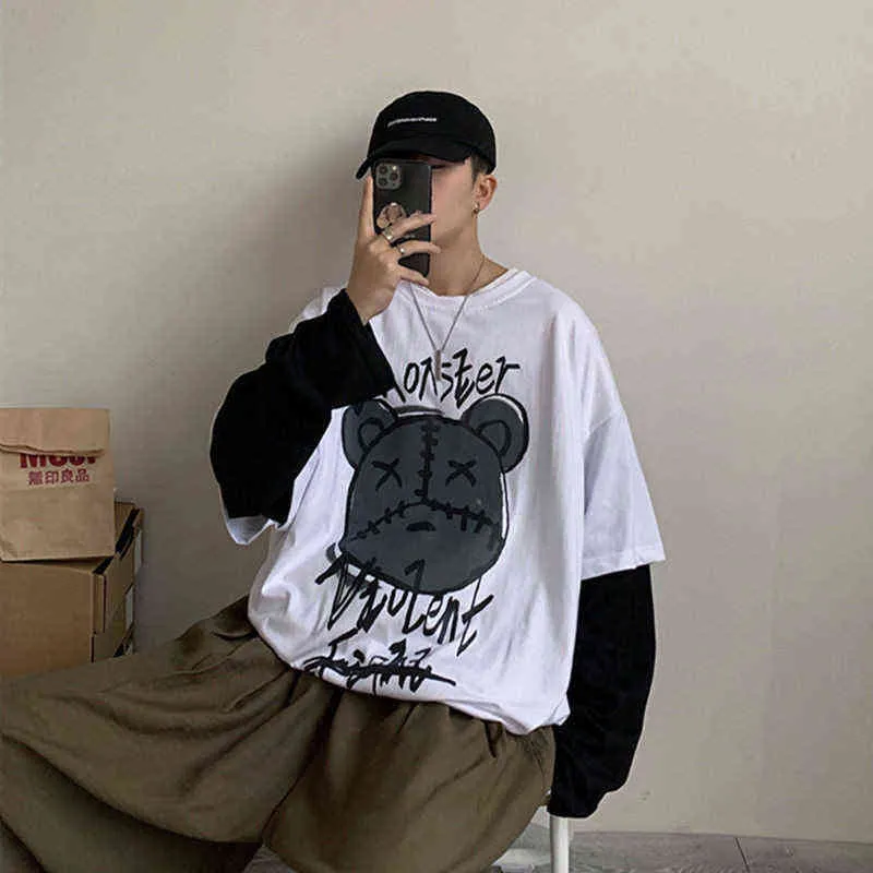 2021 Bear Print T-shirts Loose Printing Bottoming Shirt Youth Hip-hop Couple Clothes Ins Student Clothes Funny Japan Tops Male H1230